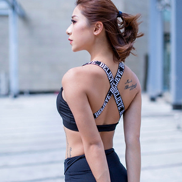 + Believe, Dream & Inspired crossed-back sports bra +