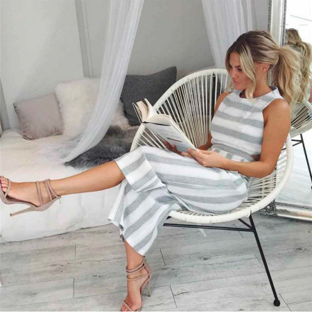 + Classic Stripped Jumpsuit Casual Loose Wide-Leg Trousers +