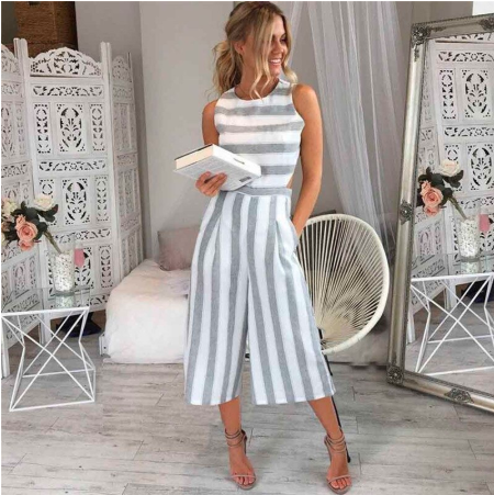 + Classic Stripped Jumpsuit Casual Loose Wide-Leg Trousers +
